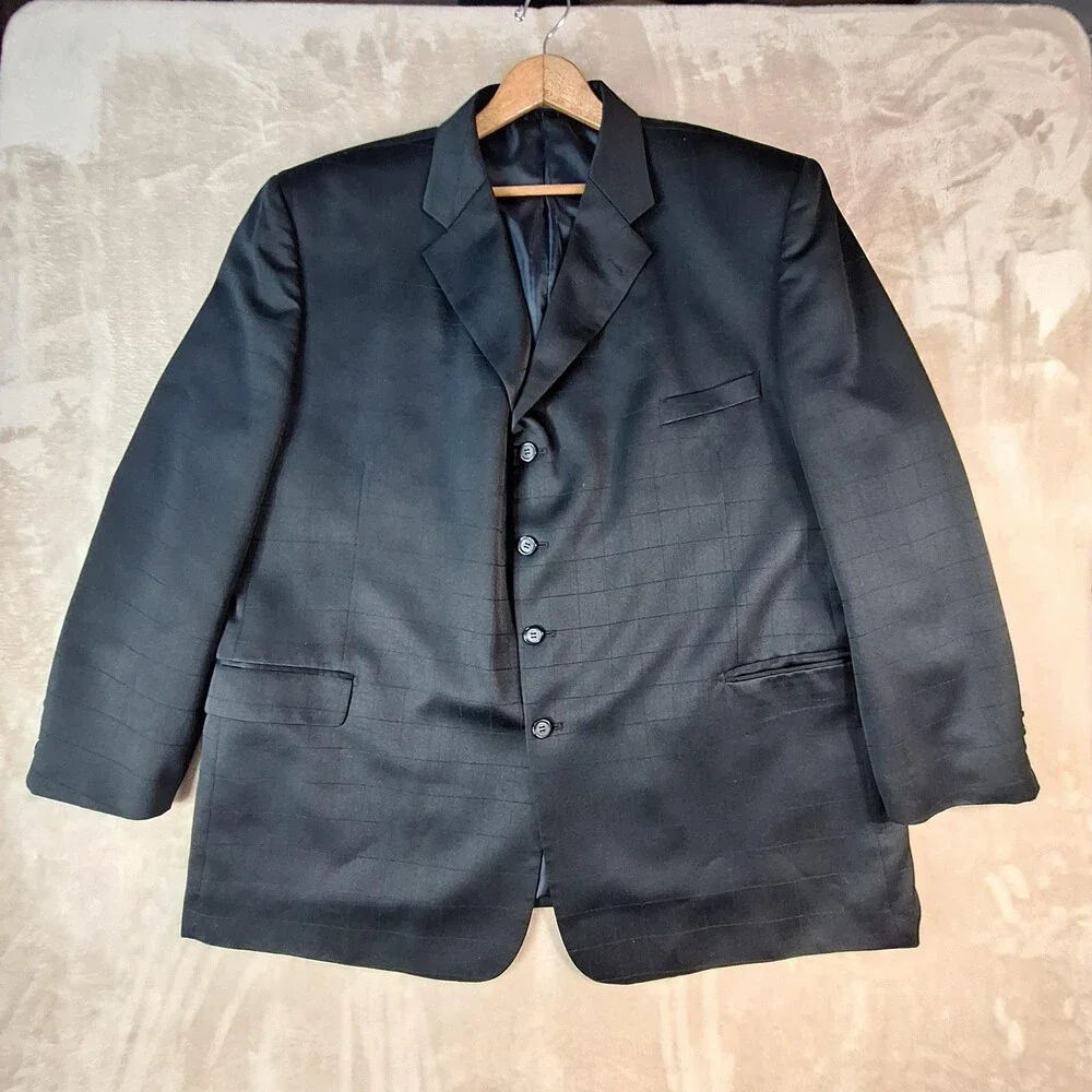 Zandello Suit Mens 54R 46x26 Black Poly Check Ventless 4 Button 2 Piece Formal
